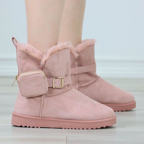 Womens Warm Fuzzy Ankle Booties Super Cozy Fully Lined Faux Pink Suede Pocket - Picture 1 of 14